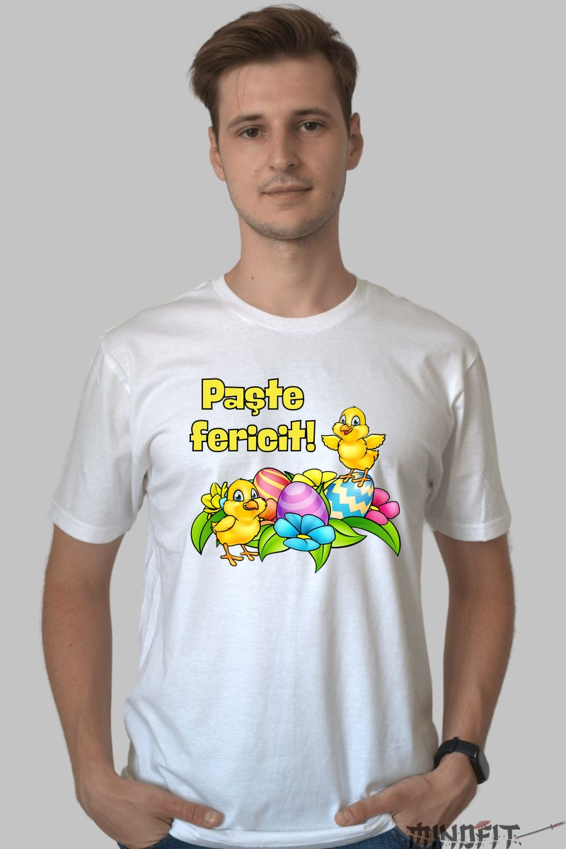 Tricou Paste Fericit - Pui Veseli si Oua Colorate Barbat Alb
