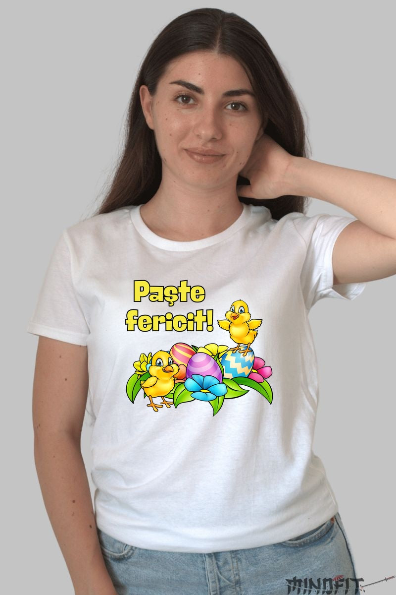 Tricou Paste Fericit - Pui Veseli si Oua Colorate Dama Alb
