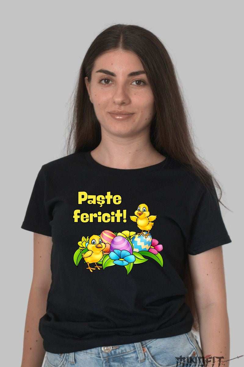 Tricou Paste Fericit - Pui Veseli si Oua Colorate Dama Negru