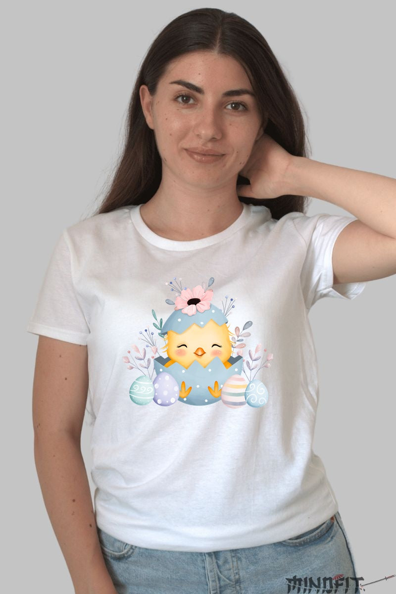 Tricou Paste Fericit - Pui?or ? Ou Cu Flori Dama Alb