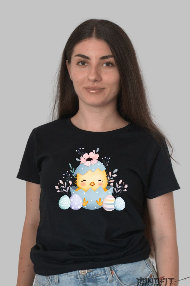 Tricou Paste Fericit - Pui?or ? Ou Cu Flori Dama Negru