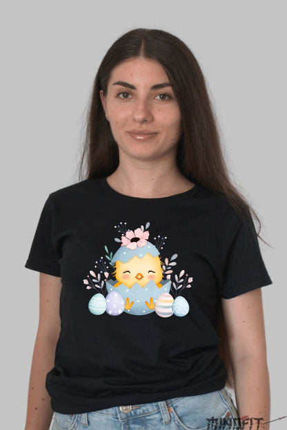 Tricou Paste Fericit - Pui?or ? Ou Cu Flori Dama Negru
