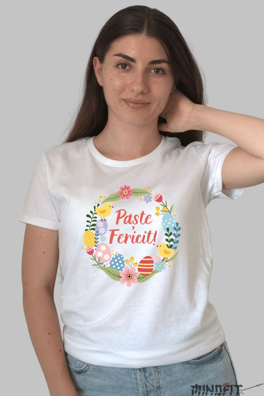 Tricou Paste Fericit - Sarbatoare intre Oua si Flori Dama Alb