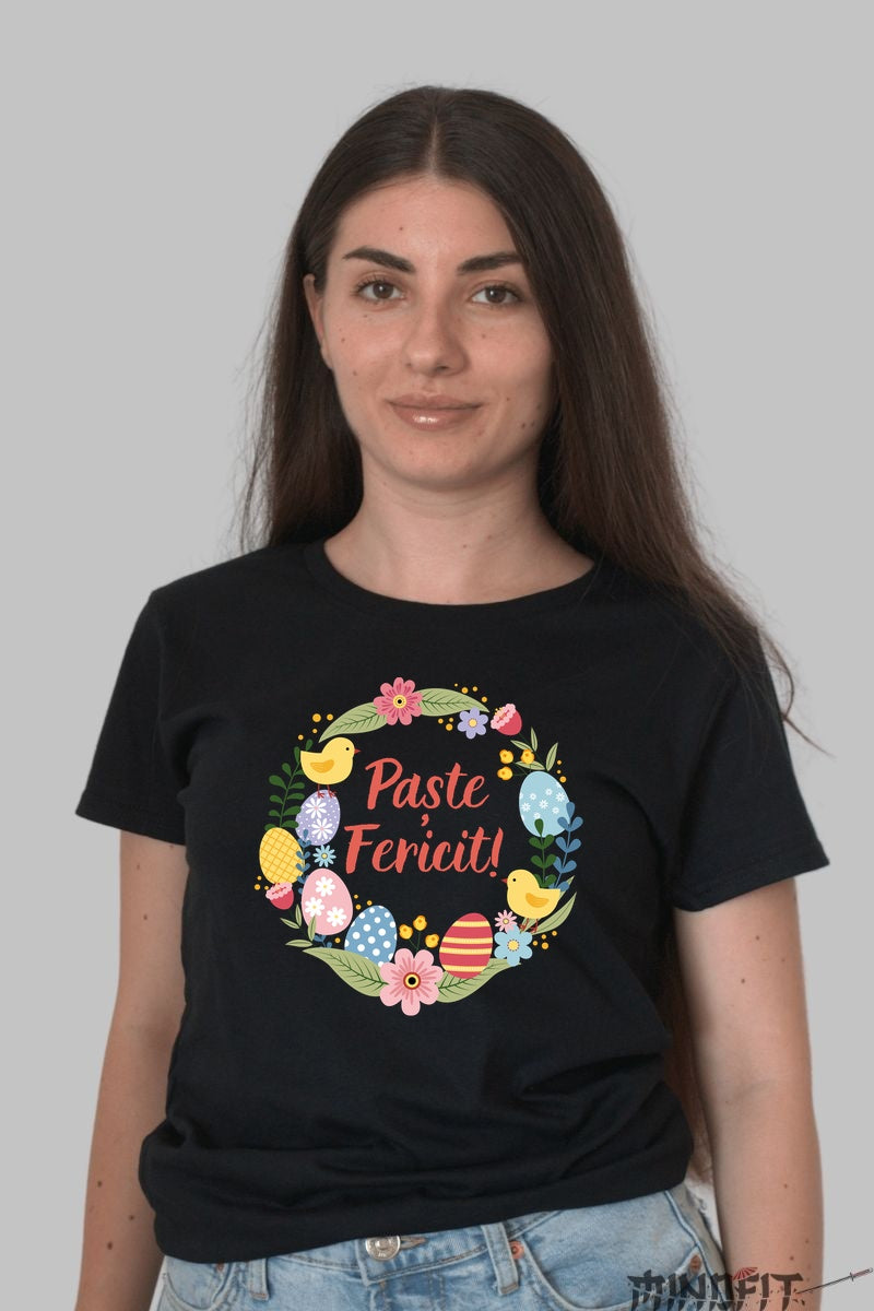 Tricou Paste Fericit - Sarbatoare intre Oua si Flori Dama Negru