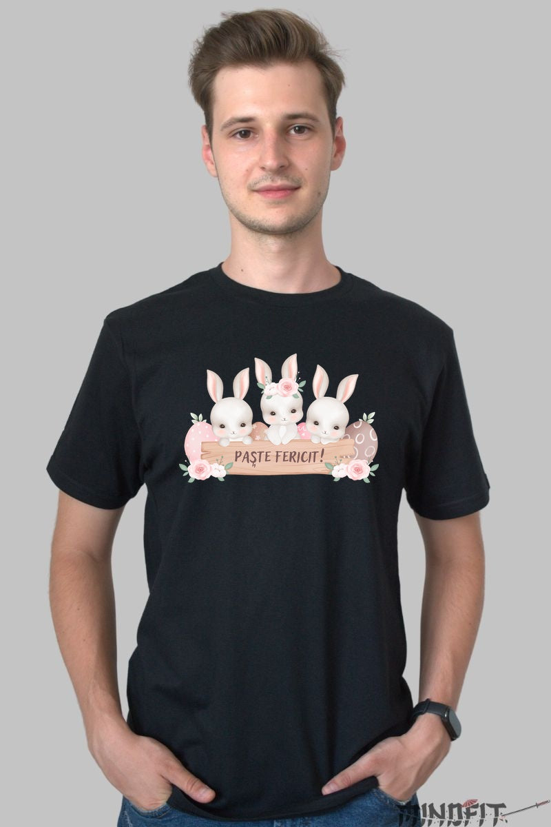 Tricou Paste Fericit - Trei Iepurasi Veseli Barbat Negru