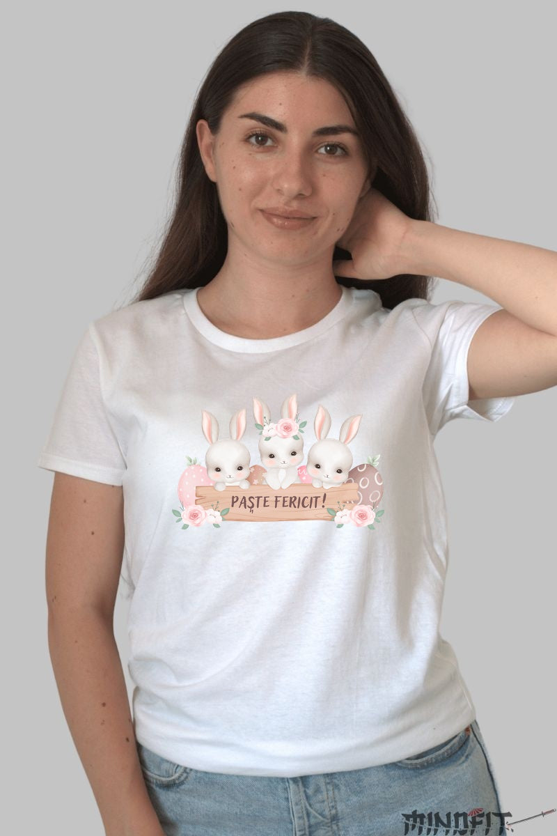 Tricou Paste Fericit - Trei Iepurasi Veseli Dama Alb