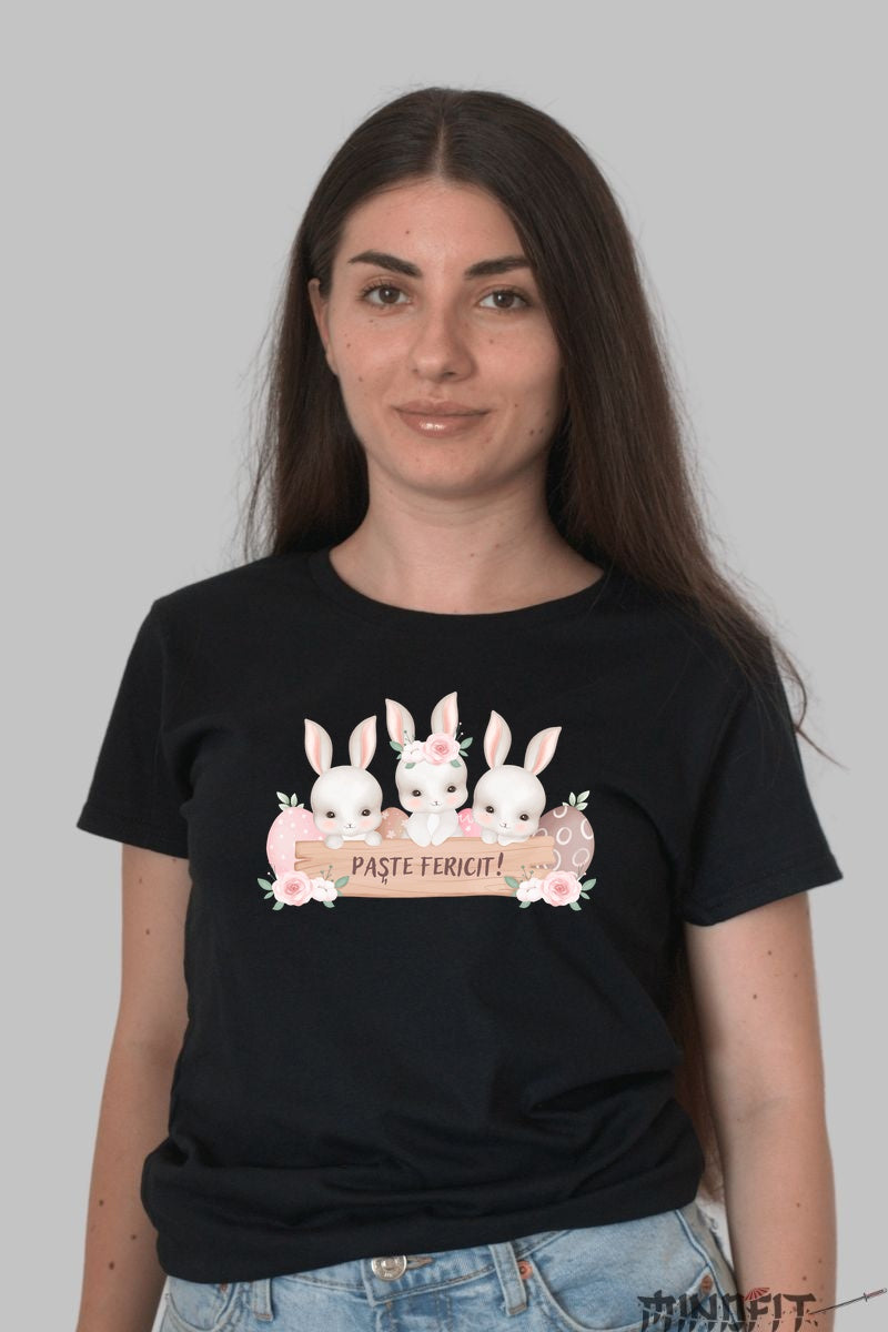 Tricou Paste Fericit - Trei Iepurasi Veseli Dama Negru