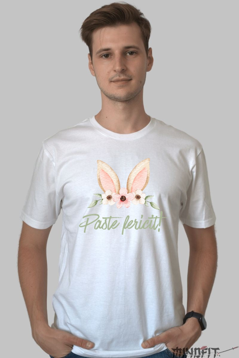 Tricou Paste Fericit - Urechi De Iepuras Impodobite Cu Flori Barbat Alb