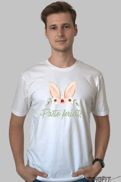 Tricou Paste Fericit - Urechi De Iepuras Impodobite Cu Flori Barbat Alb