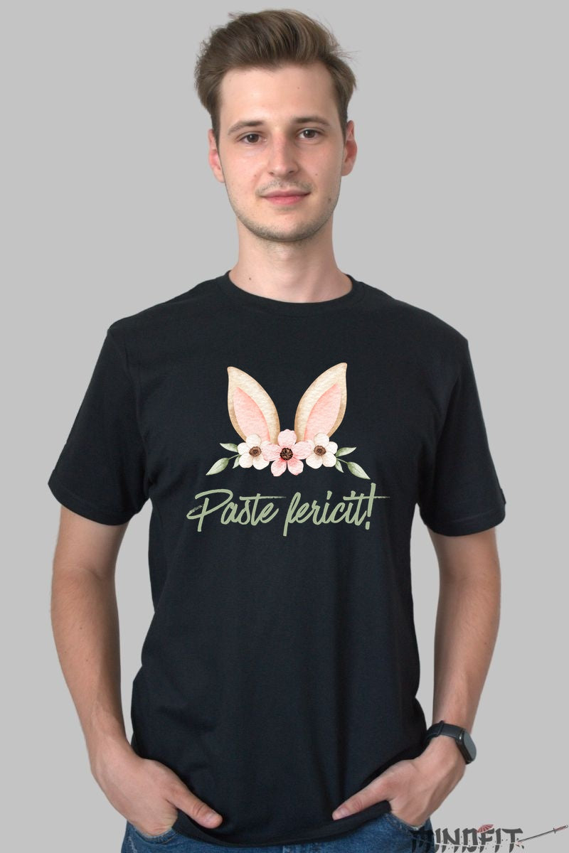 Tricou Paste Fericit - Urechi De Iepuras Impodobite Cu Flori Barbat Negru
