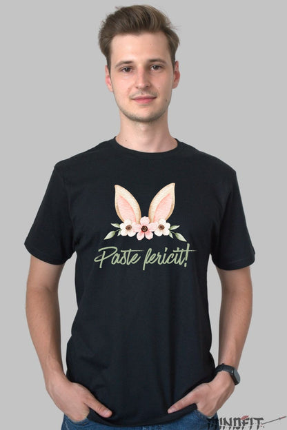 Tricou Paste Fericit - Urechi De Iepuras Impodobite Cu Flori Barbat Negru