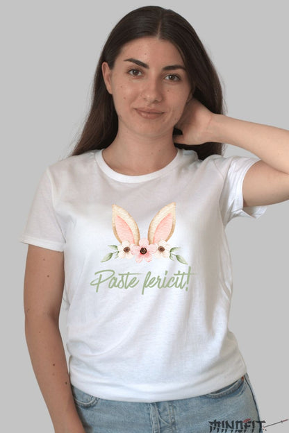 Tricou Paste Fericit - Urechi De Iepuras Impodobite Cu Flori Dama Alb