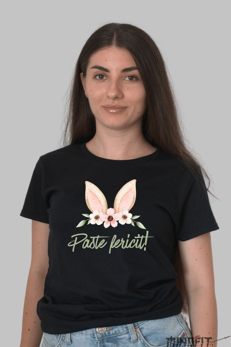 Tricou Paste Fericit - Urechi De Iepuras Impodobite Cu Flori Dama Negru