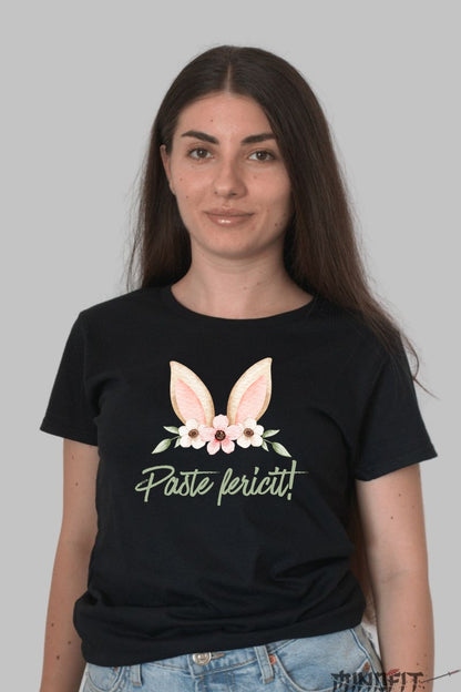 Tricou Paste Fericit - Urechi De Iepuras Impodobite Cu Flori Dama Negru