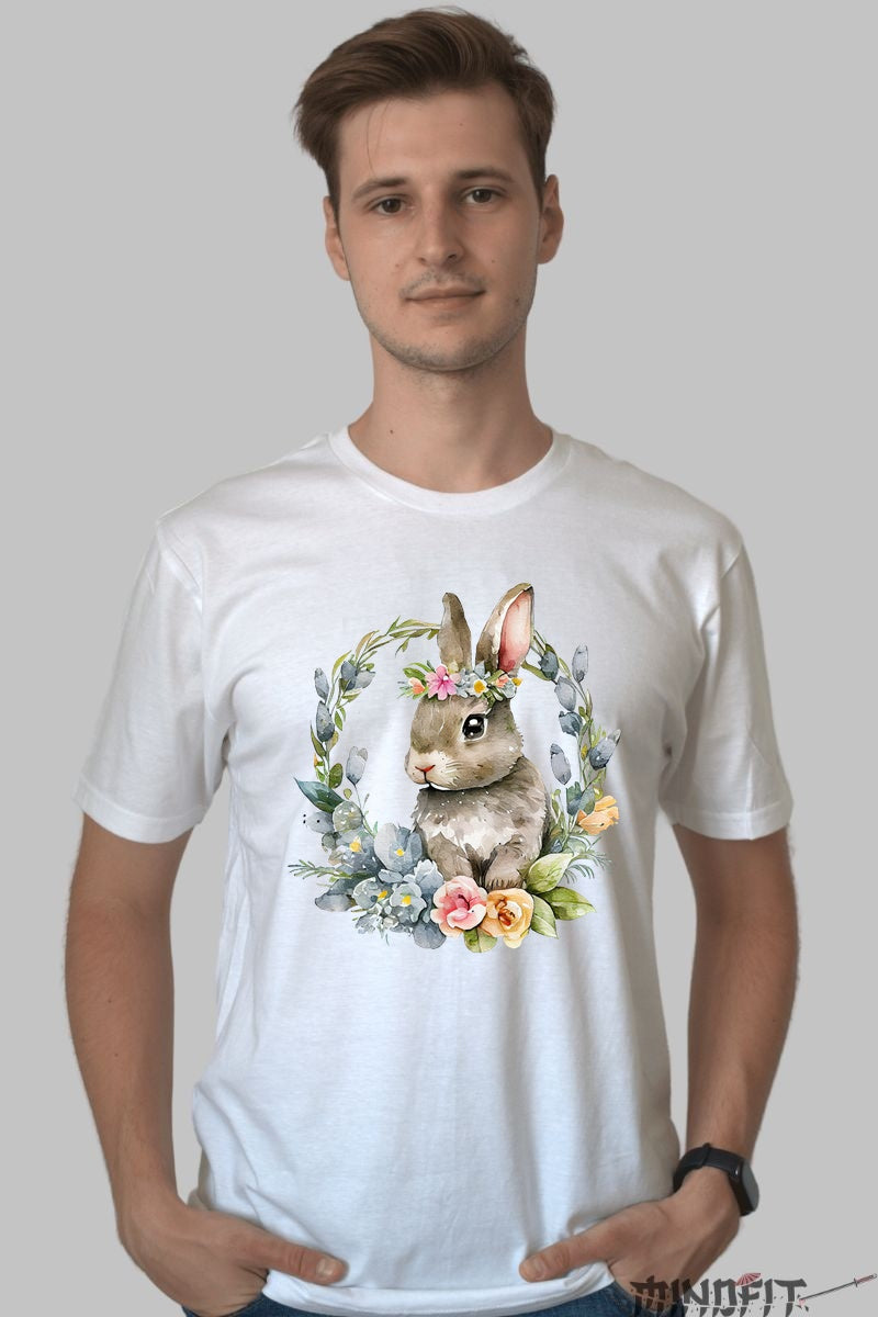 Tricou Paste - Iepuras Impodobit Cu Flori Barbat Alb
