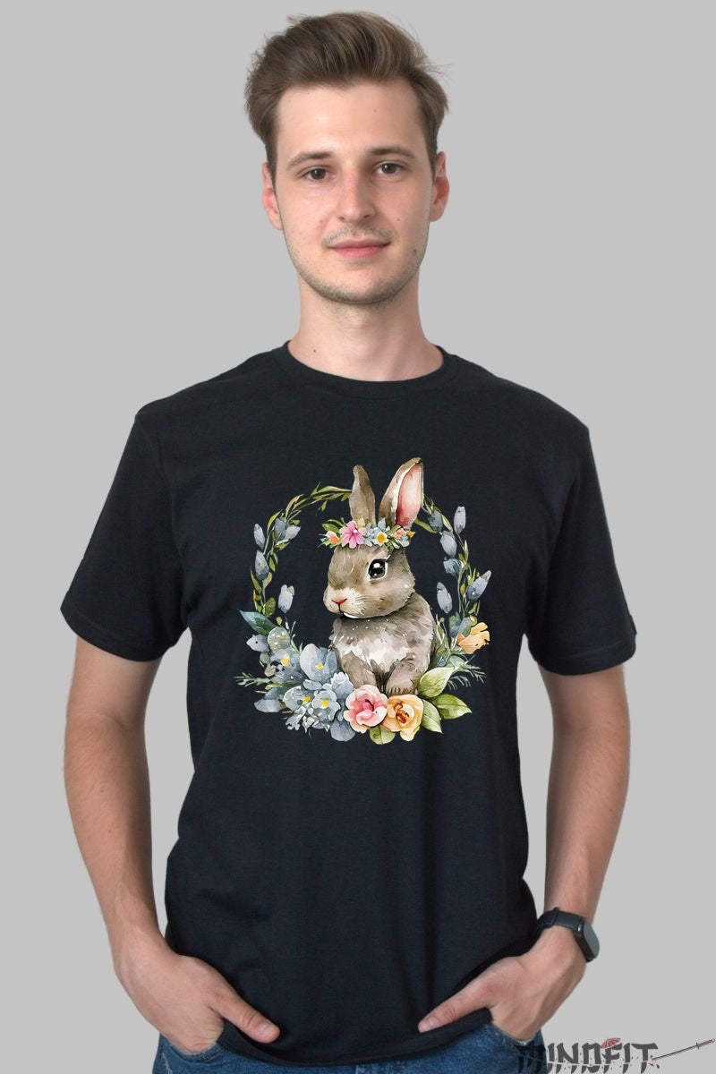 Tricou Paste - Iepuras Impodobit Cu Flori Barbat Negru