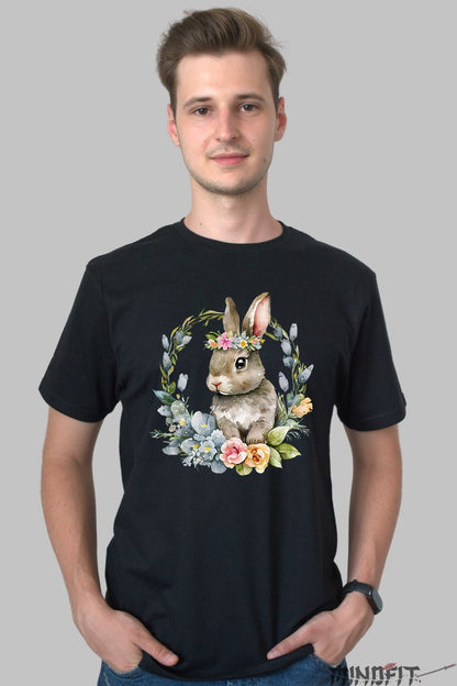 Tricou Paste - Iepuras Impodobit Cu Flori Barbat Negru