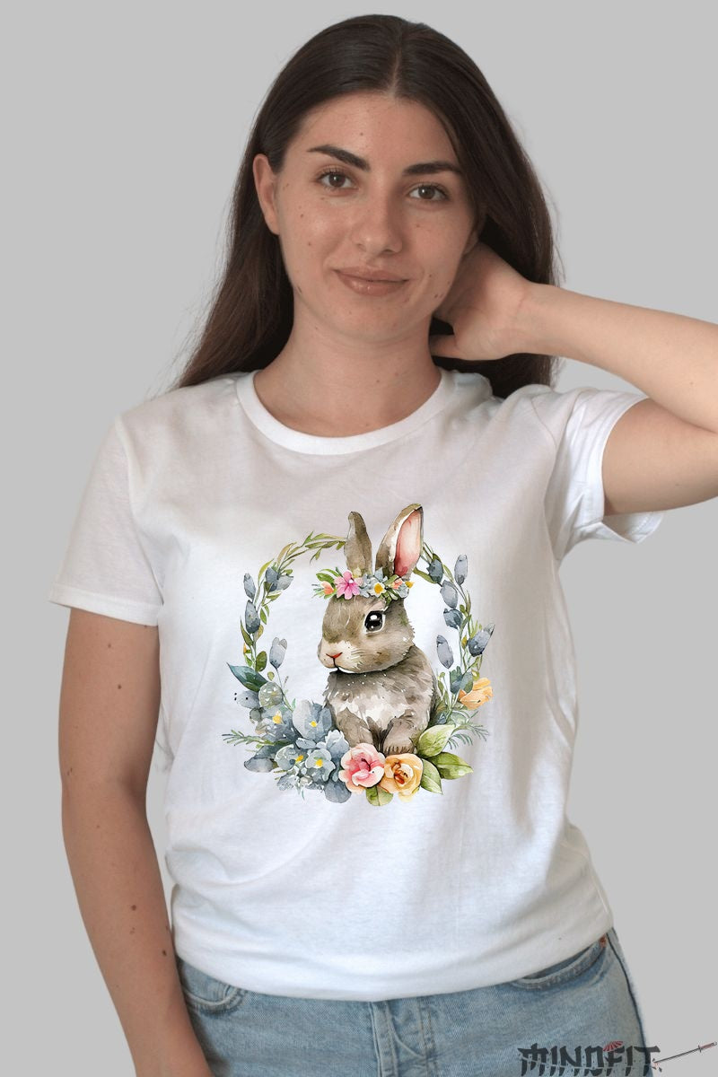 Tricou Paste - Iepuras Impodobit Cu Flori Dama Alb
