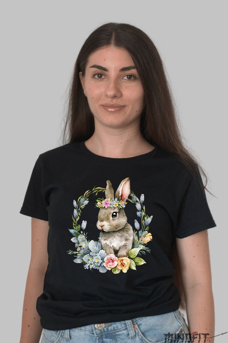 Tricou Paste - Iepuras Impodobit Cu Flori Dama Negru