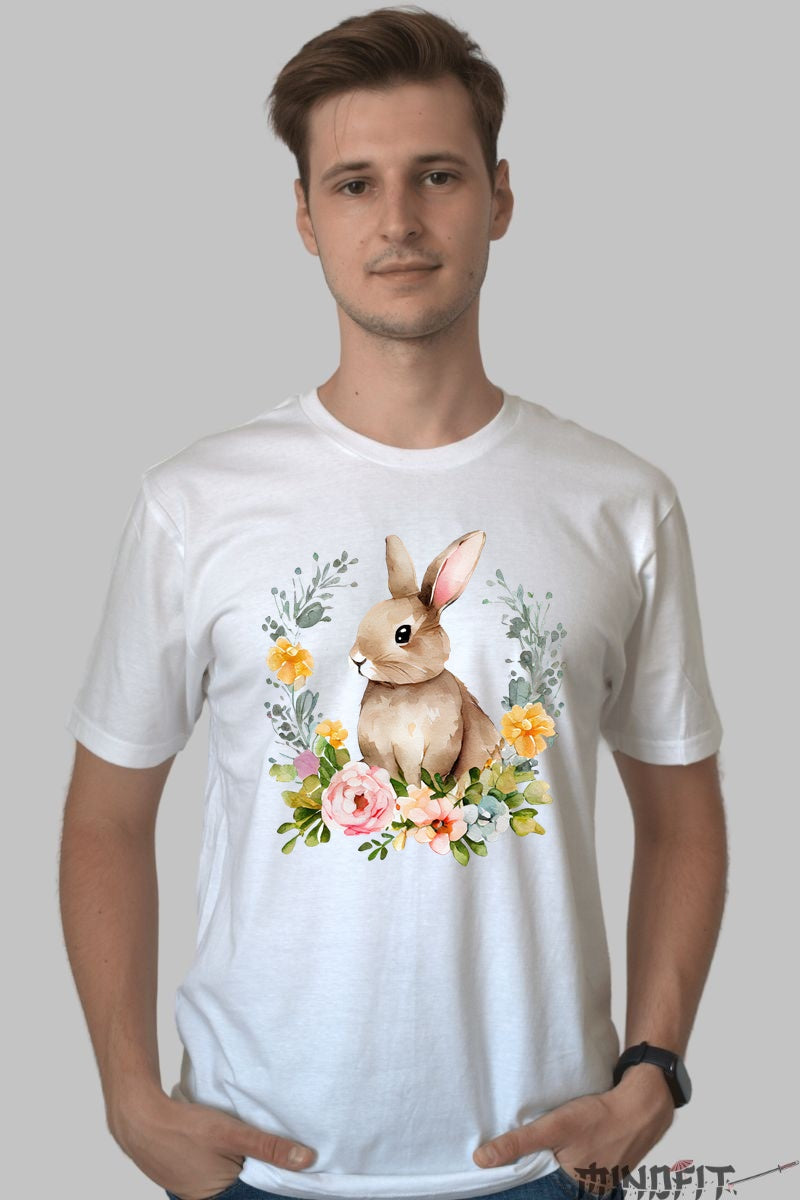 Tricou Paste - Iepuras In Coronita Cu Flori Barbat Alb