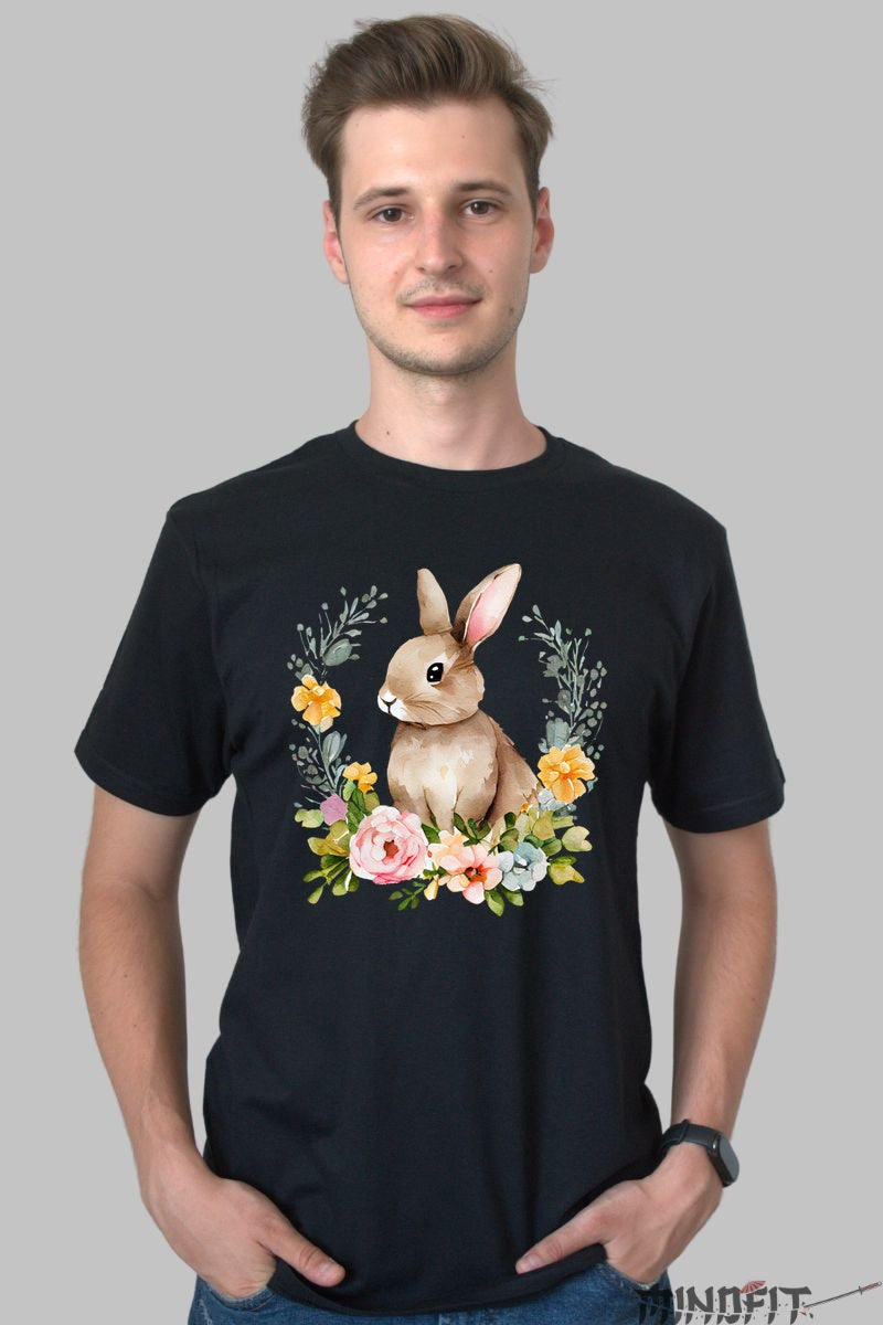 Tricou Paste - Iepuras In Coronita Cu Flori Barbat Negru