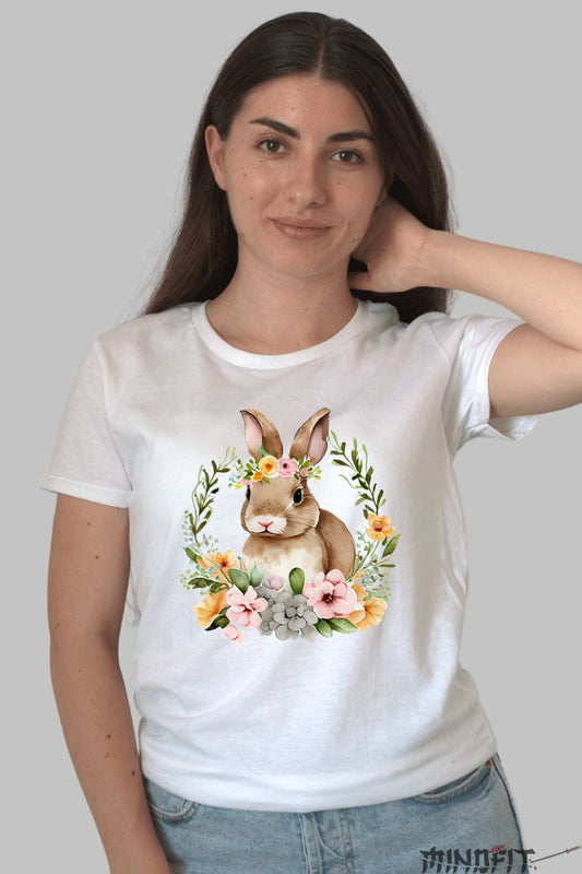 Tricou Paste - Iepuras In Coronita Cu Flori Colorate Dama Alb