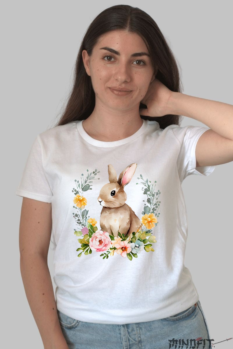 Tricou Paste - Iepuras In Coronita Cu Flori Dama Alb
