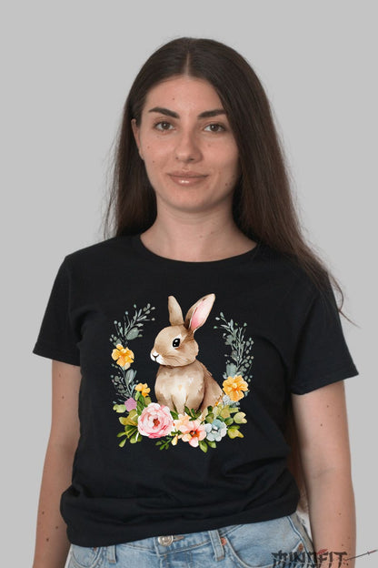 Tricou Paste - Iepuras In Coronita Cu Flori Dama Negru