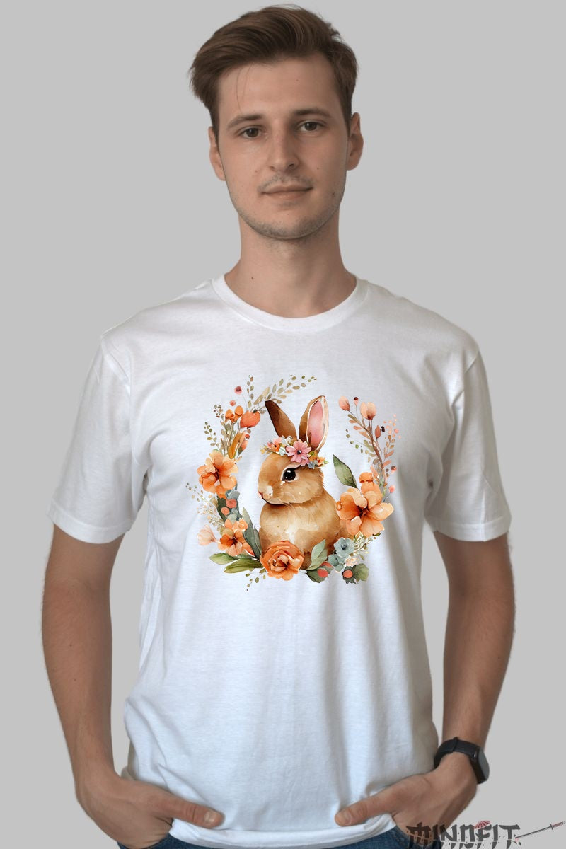 Tricou Paste - Iepuras In Coronita Cu Flori Portocalii Barbat Alb