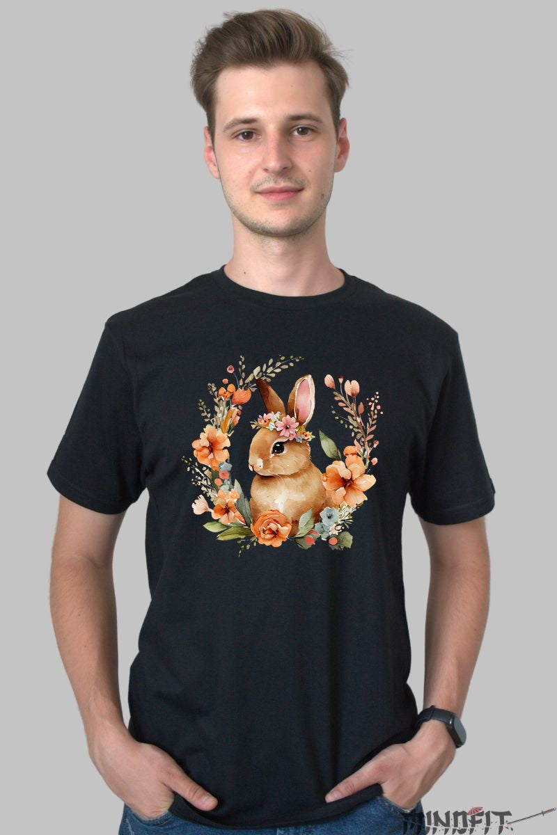 Tricou Paste - Iepuras In Coronita Cu Flori Portocalii Barbat Negru