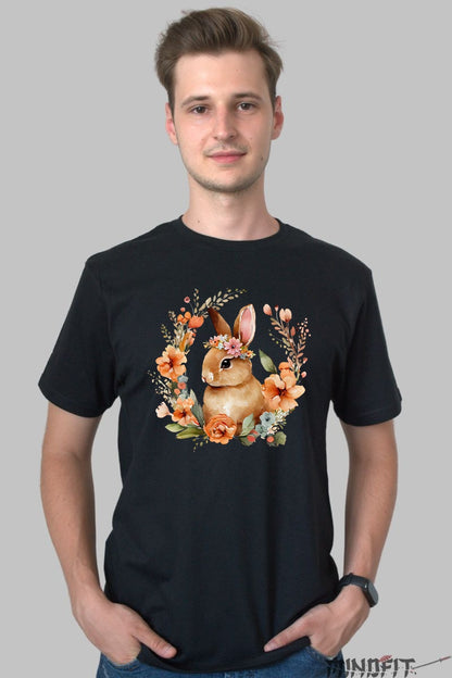 Tricou Paste - Iepuras In Coronita Cu Flori Portocalii Barbat Negru