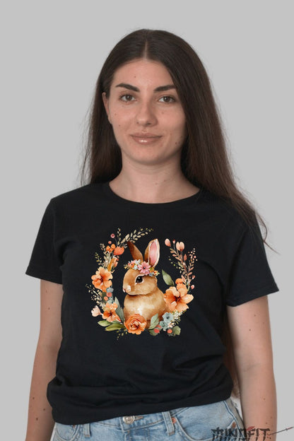 Tricou Paste - Iepuras In Coronita Cu Flori Portocalii Dama Negru