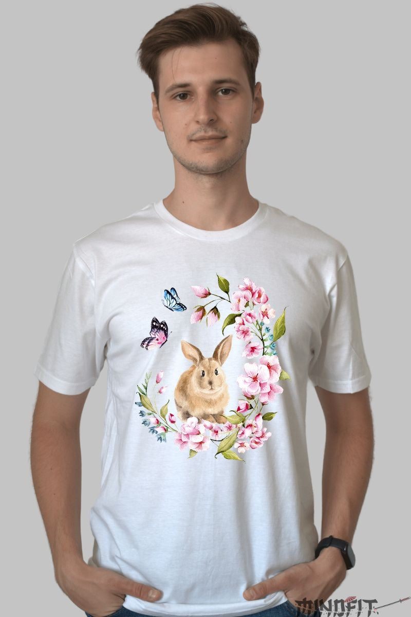 Tricou Primavara Fericita - Iepuras intre Flori si Fluturi Barbat Alb