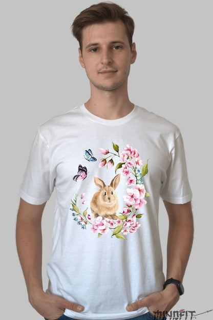 Tricou Primavara Fericita - Iepuras intre Flori si Fluturi Barbat Alb