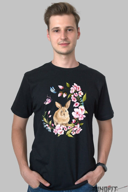 Tricou Primavara Fericita - Iepuras intre Flori si Fluturi Barbat Negru