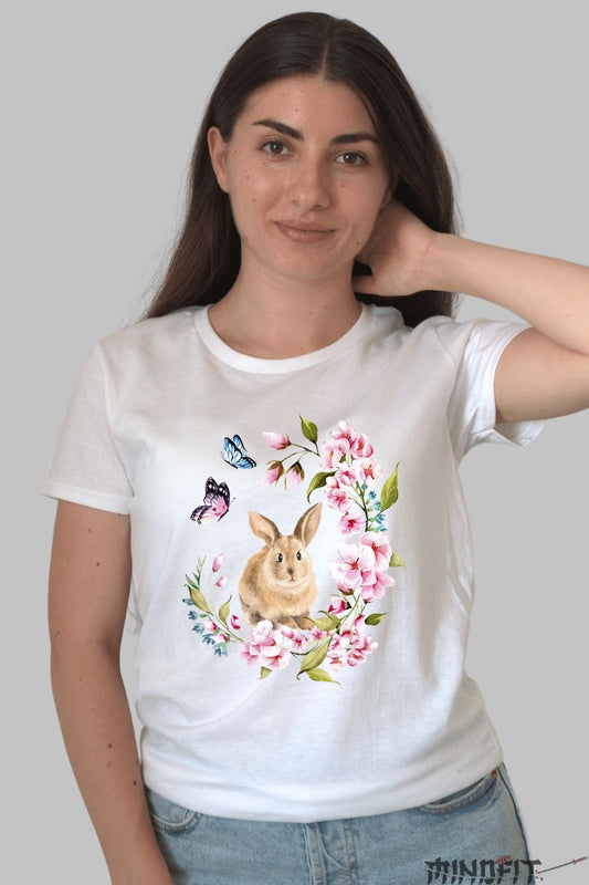 Tricou Primavara Fericita - Iepuras intre Flori si Fluturi Dama Alb