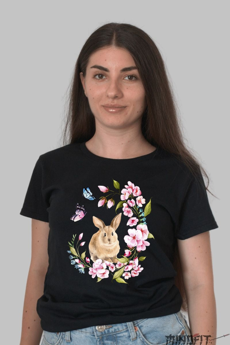 Tricou Primavara Fericita - Iepuras intre Flori si Fluturi Dama Negru