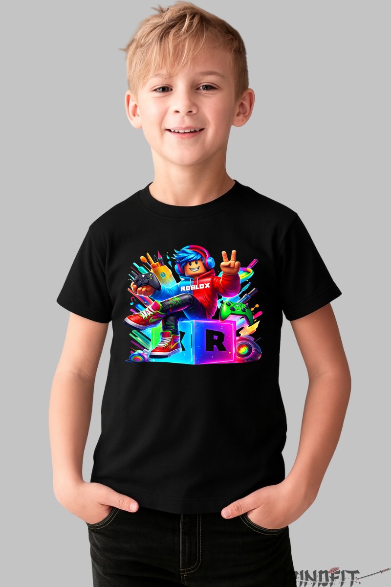 Tricou Roblox cu Gamer Vibrant - Aventuri dinamice baiat negru