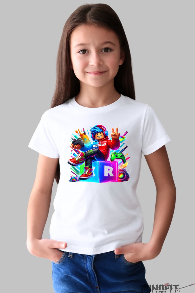 Tricou Roblox cu Gamer Vibrant - Aventuri dinamice fata alb