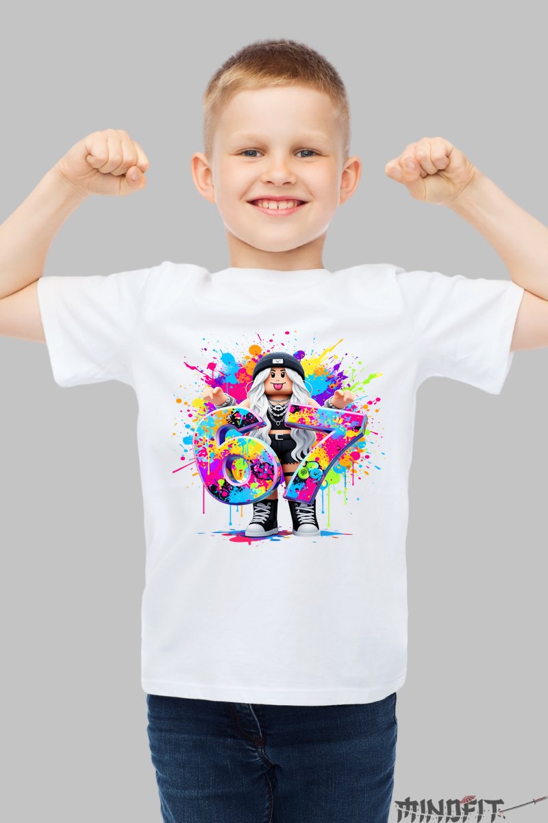 Tricou Roblox Six Seven - Design Colorat Dinamic baiat alb