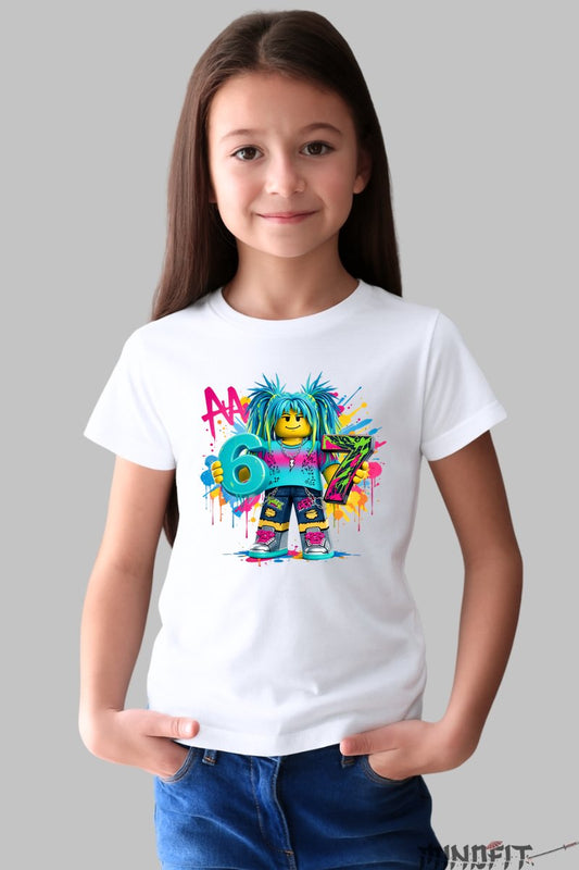 Tricou Roblox Six Seven - Design Colorat Vesel fata alb