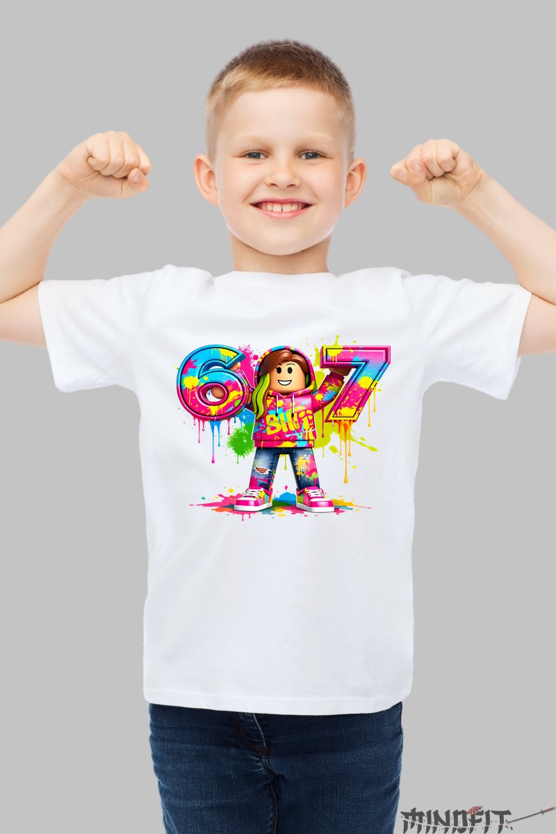 Tricou Roblox Six Seven - Design Explozie de Culoare baiat alb