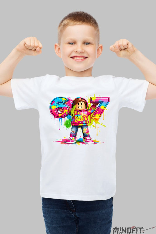 Tricou Roblox Six Seven - Design Explozie de Culoare baiat alb