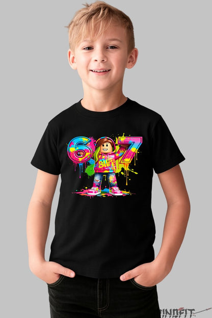 Tricou Roblox Six Seven - Design Explozie de Culoare baiat negru