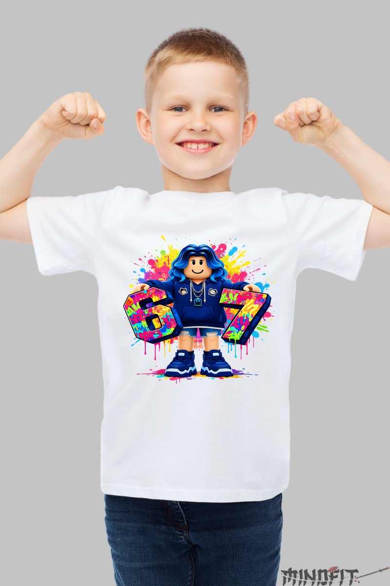 Tricou Roblox Six Seven - Model Colorat Cool baiat alb