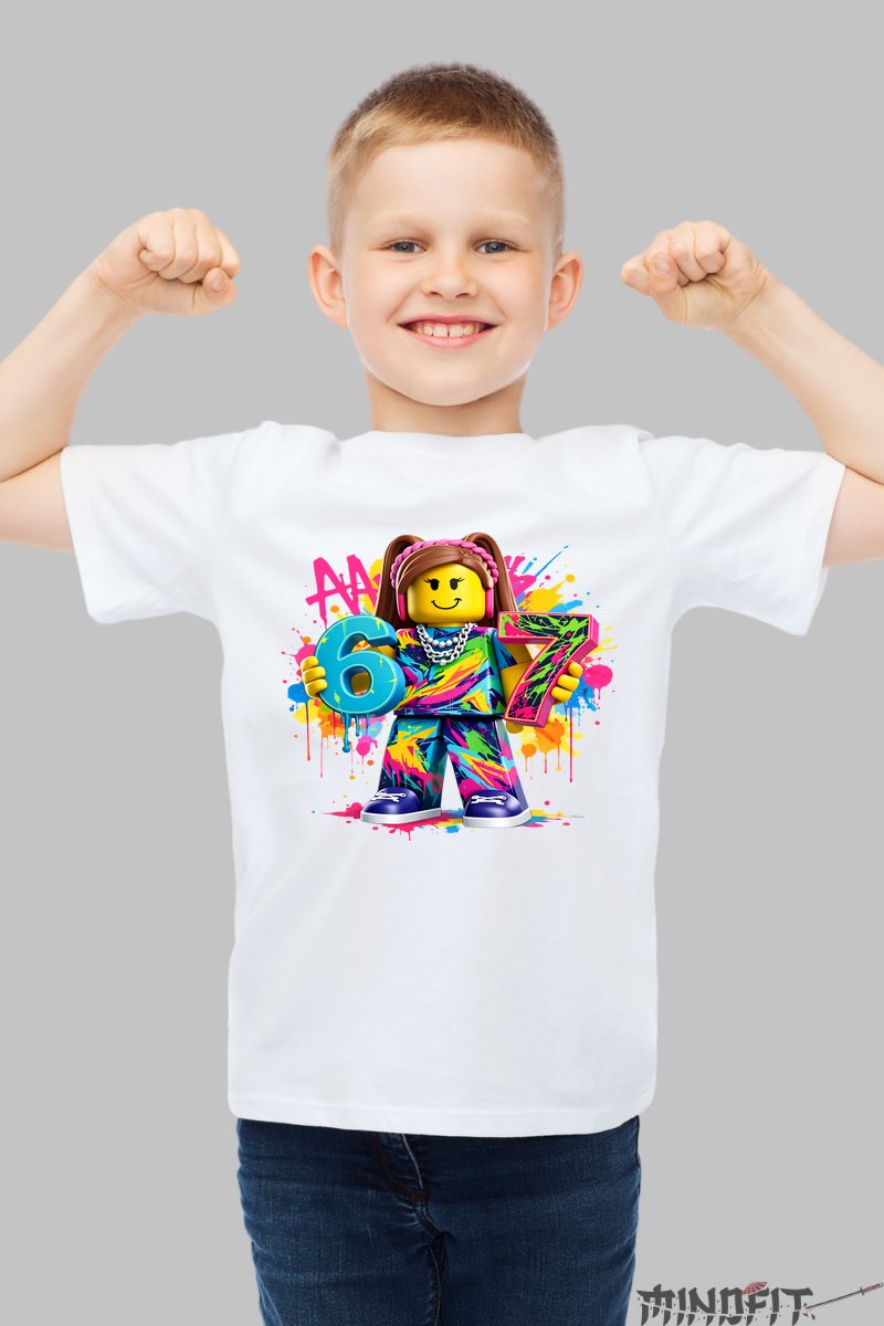 Tricou Roblox Six Seven - Model Impact Colorat baiat alb