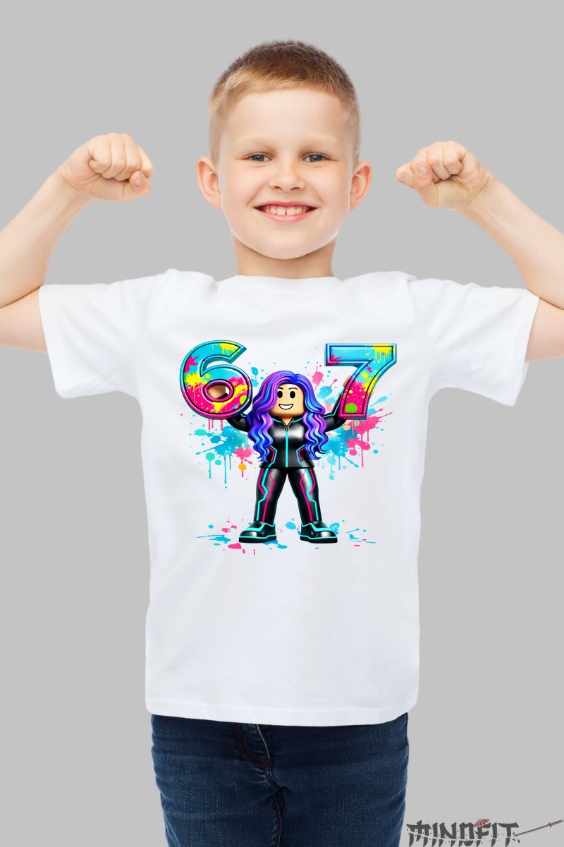 Tricou Roblox Six Seven - Model Rebel Neon baiat alb
