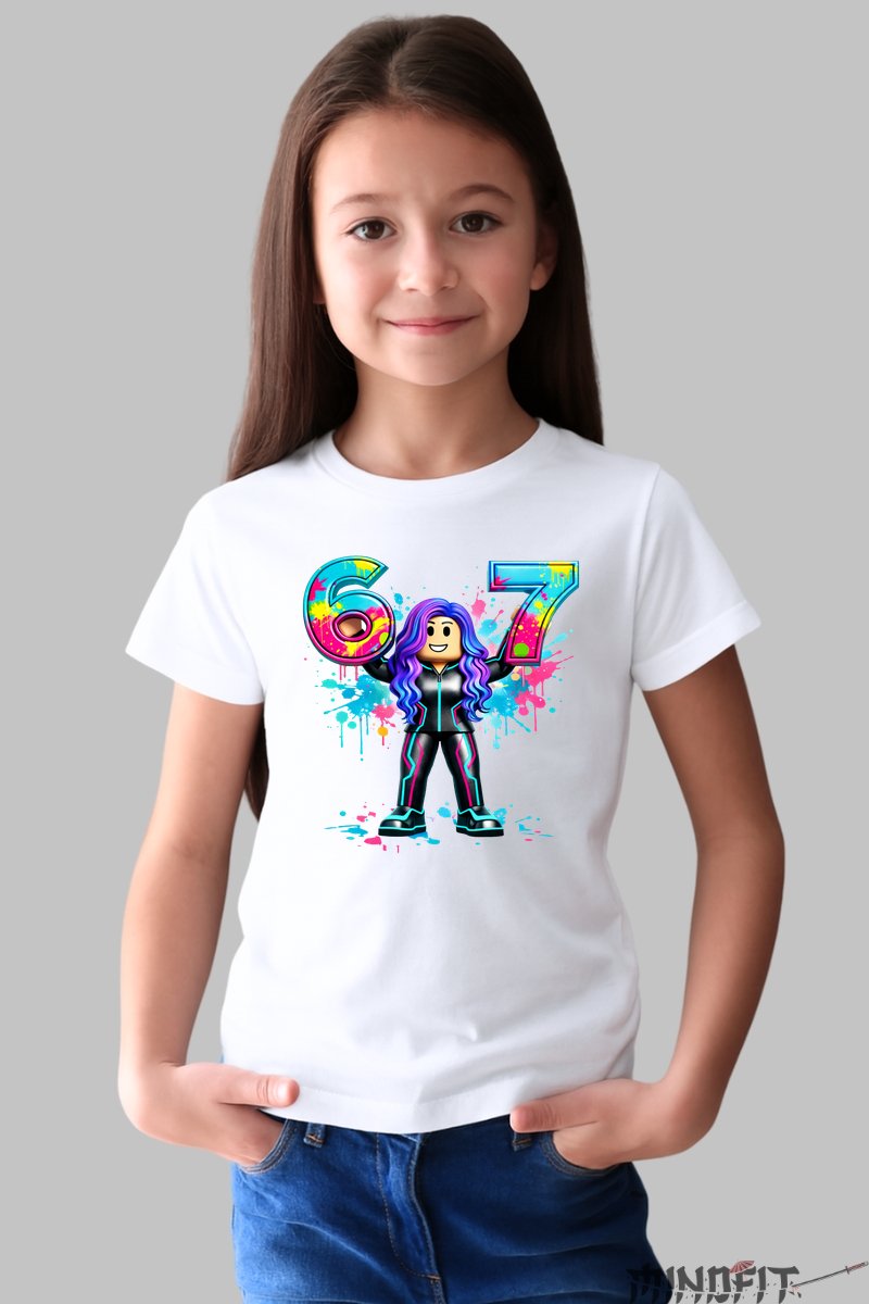 Tricou Roblox Six Seven - Model Rebel Neon fata alb