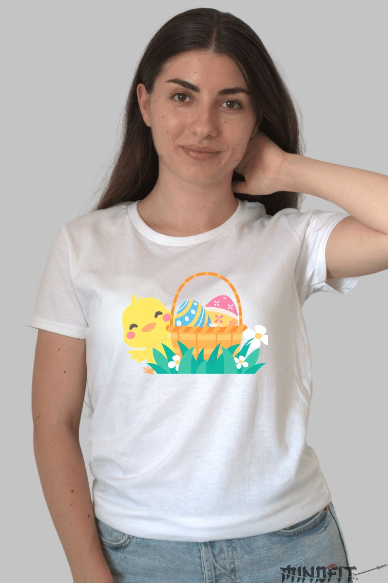 Tricou Sarbatoarea Primaverii - Pui si Oua Colorate Dama Alb