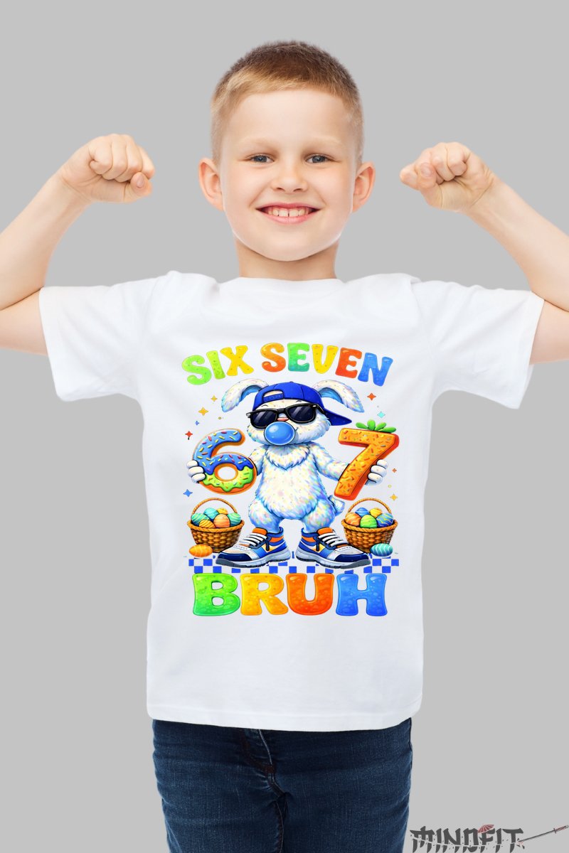 Tricou Six Seven Bruh - Model Rabbit Street baiat alb